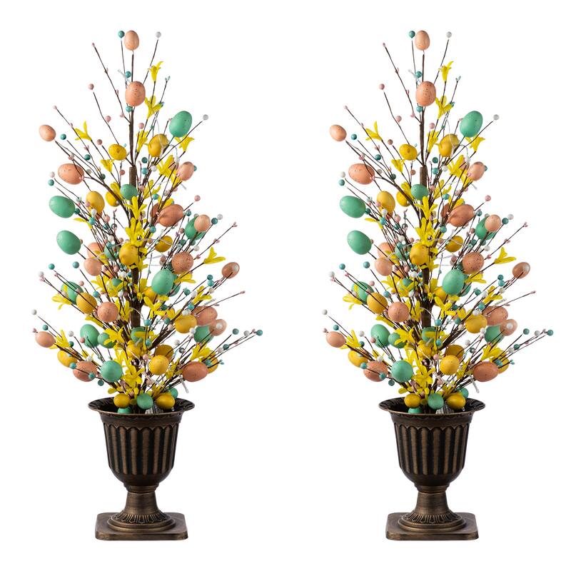 Glitzhome 36"H Easter Egg Berries Flower Urn Porch Tree with 20 Warm White Lights and Timer - 2PK-Egg & Flower