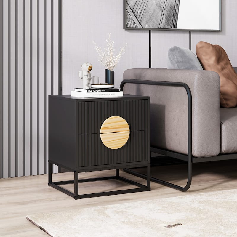 Modern Wooden Fluted Nightstand with 2 Storage Drawers and Metal Base for Bedroom