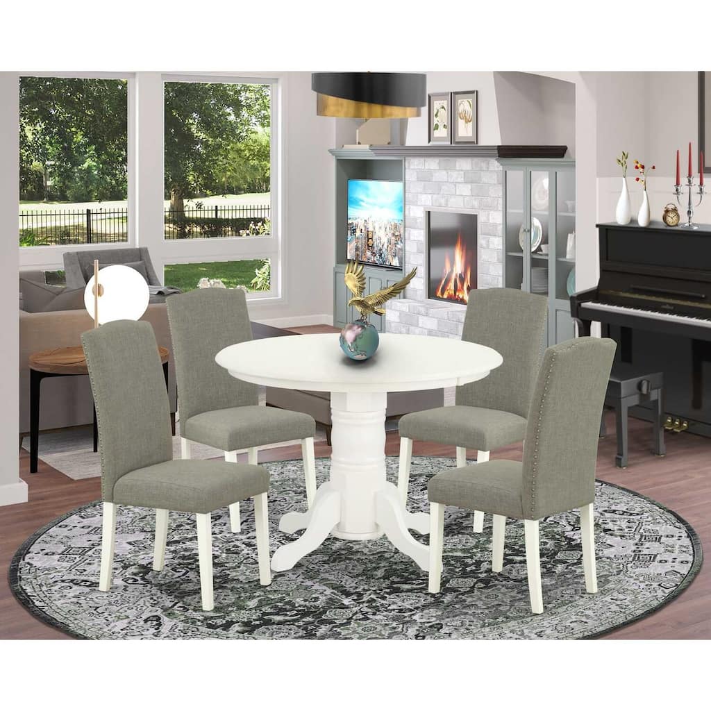 HomeStock 5-Piece Round Linen White Finish Solid Wood Top Dining Table with 4-Parson Chair with Lattice Back
