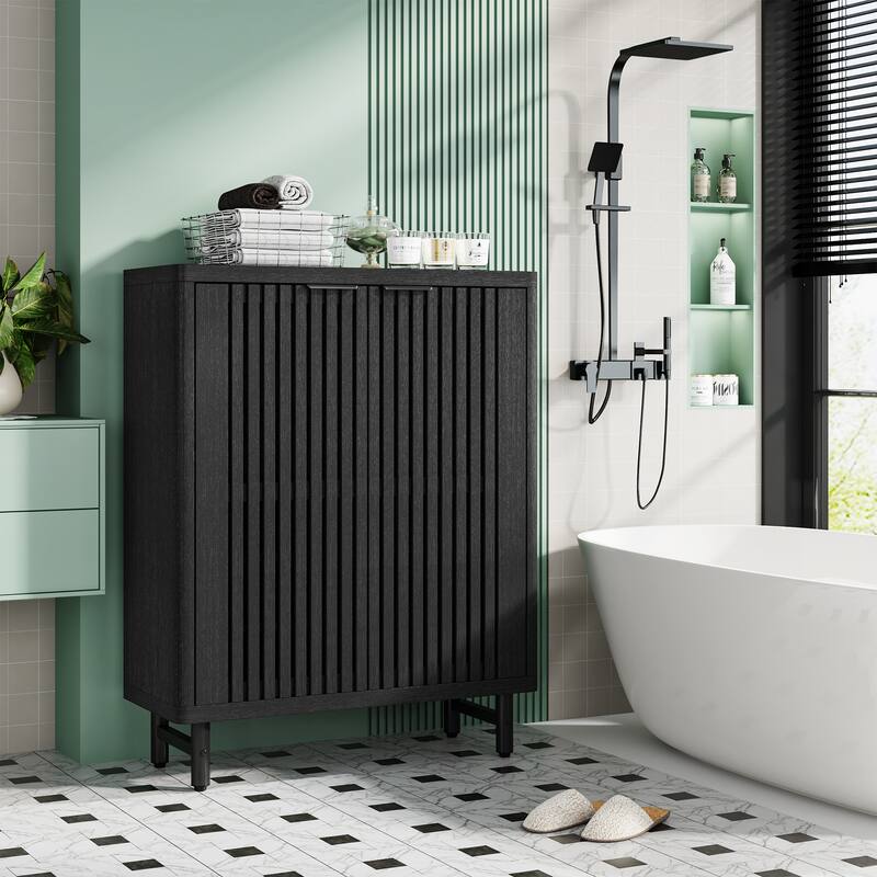 Wooden Bathroom Floor Cabinet, Adjustable Shelves Large Storage Sideboard Accent Cabinet for Bathroom Kitchen Living Room