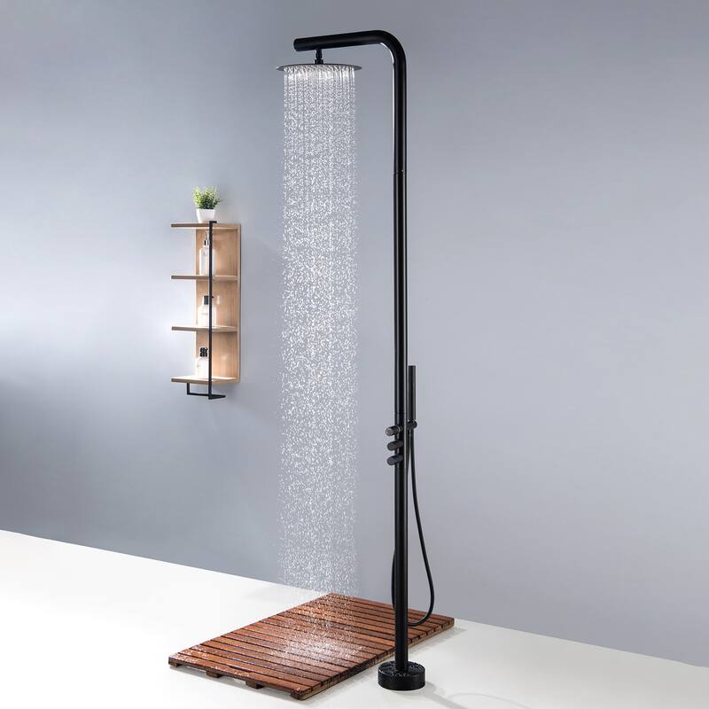 Freestanding Outdoor Shower System for Backyard/Garden/Poolside/Beach, Floor Mounted Shower Faucet with Shower Head & Handheld - Matte Black