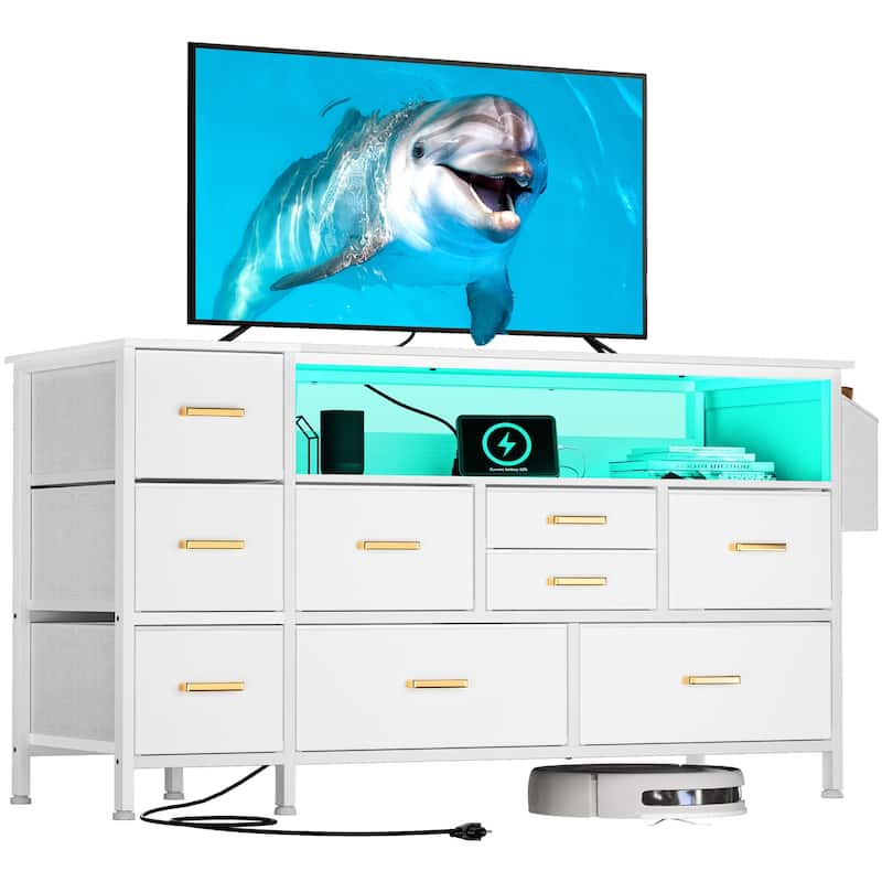 Moasis 50"W 9-drawer Fabric Dresser, Media Console, TV Stand with Outlets, RGB Lights