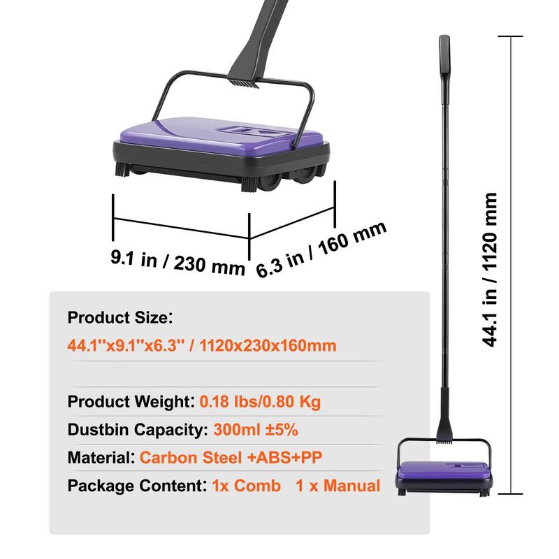 Carbon Steel Manual Carpet Sweeper with 7.87in Brush and Easy Dustbin - 44.1 x 9.1 x 6.3 inch