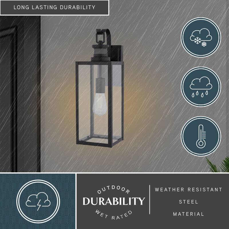 VAXCEL Clinton Matte Black Motion Sensor Dusk to Dawn Outdoor Wall Sconce Light Fixture, Steel, Clear Glass Shade