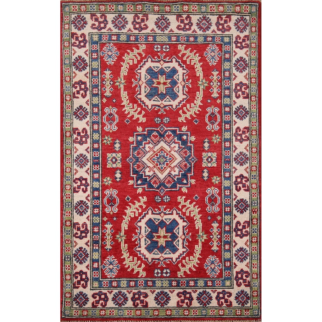 Red Traditional Kazak Oriental Accent Rug Hand-Knotted Wool Carpet - 2'7" x 4'2"