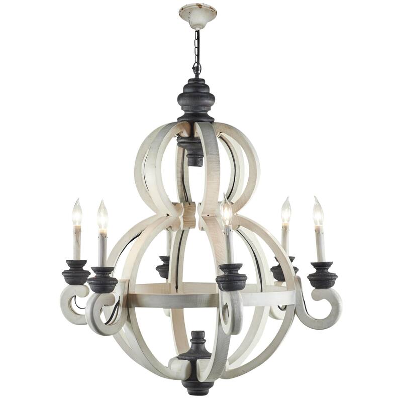 Wood Caged Style 6 Light Chandelier with Link Style Chain - White - Roche River Decor - 33"W x 33"L x 36"H