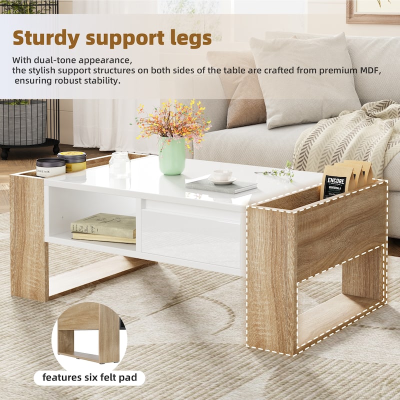 Roomfitters Modern High Gloss Coffee Table with Open Shelf, Practical Rectangle Center Table with Hidden Storage