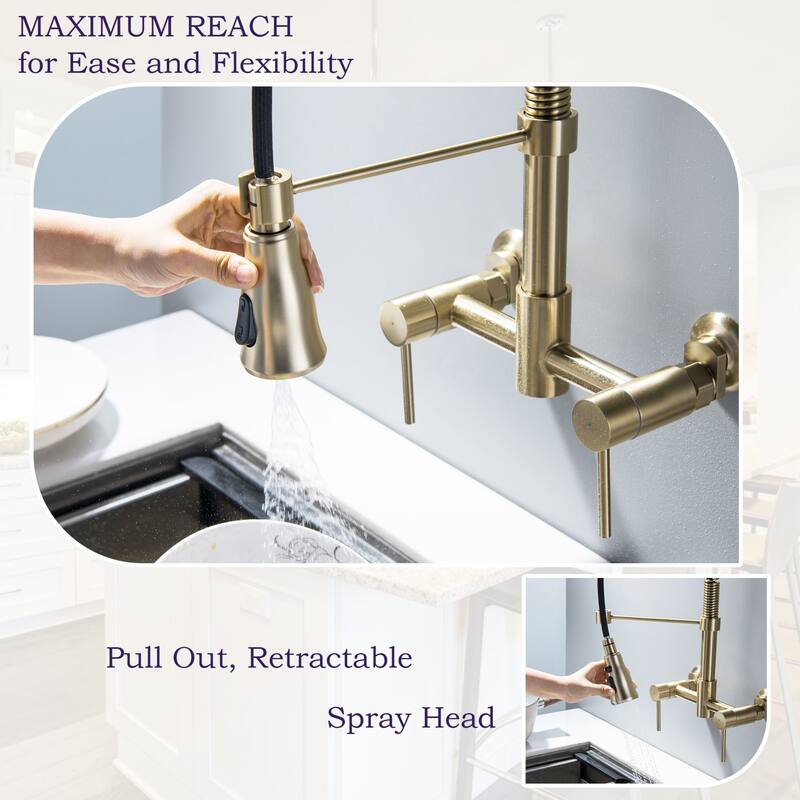 Wall Mounted 3-Way Black/Gold Rotary Kitchen Faucet with Pull Down Sprayer In Stainless Steel