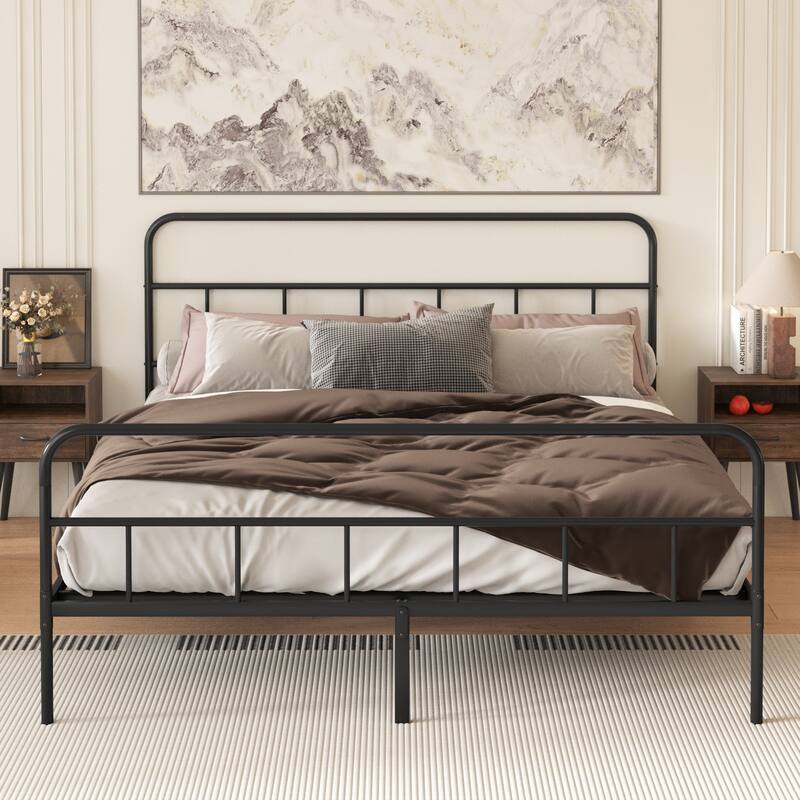 Metal Platform Bed with Wave Shape Wooden Headboard