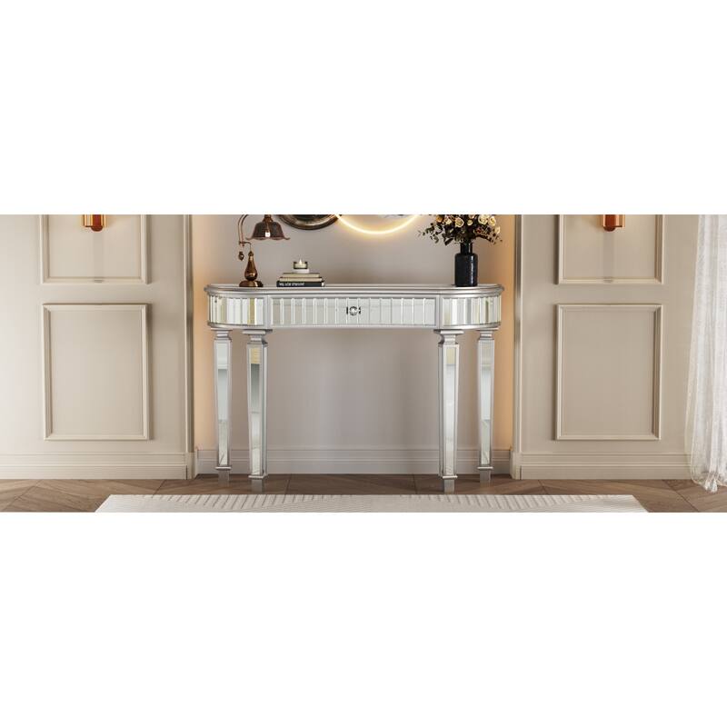 Roomfitters 47" Half-Moon Mirrored Console Table, Fluted Glass Entryway Vanity with Crystal Knob Drawer