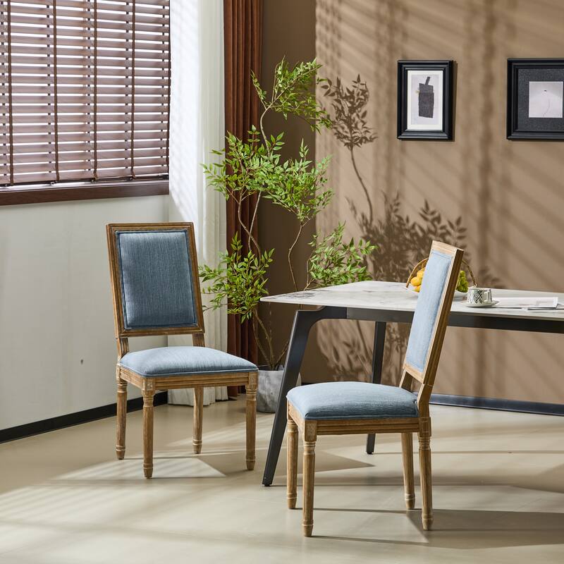 [Set of 2]Dining Chairs -Elegant Cane Backrest & Upholstered Seats with Fluted Legs -Rustic Weathered Finish -Rubberwood Frame - Slate Blue