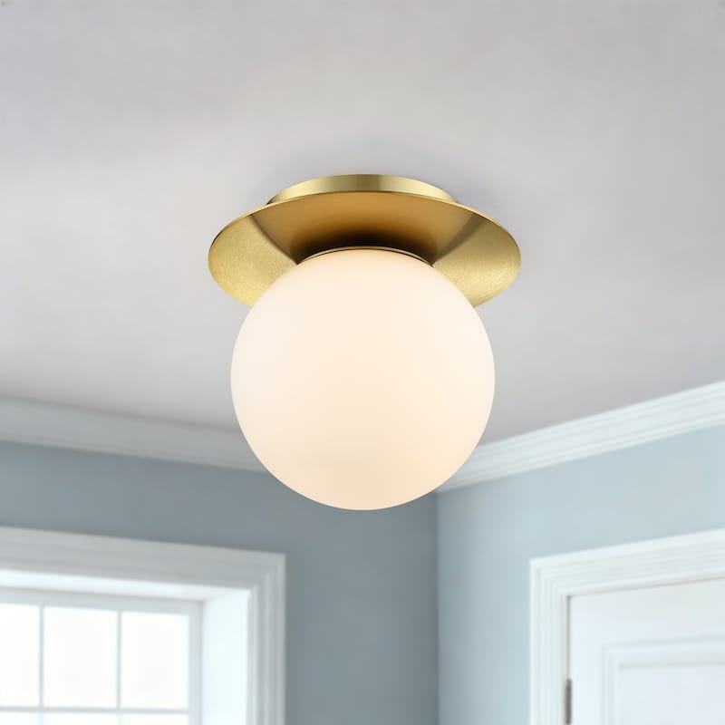1-Light Brass Wall Sconce with White Glass Shade - 7 in.