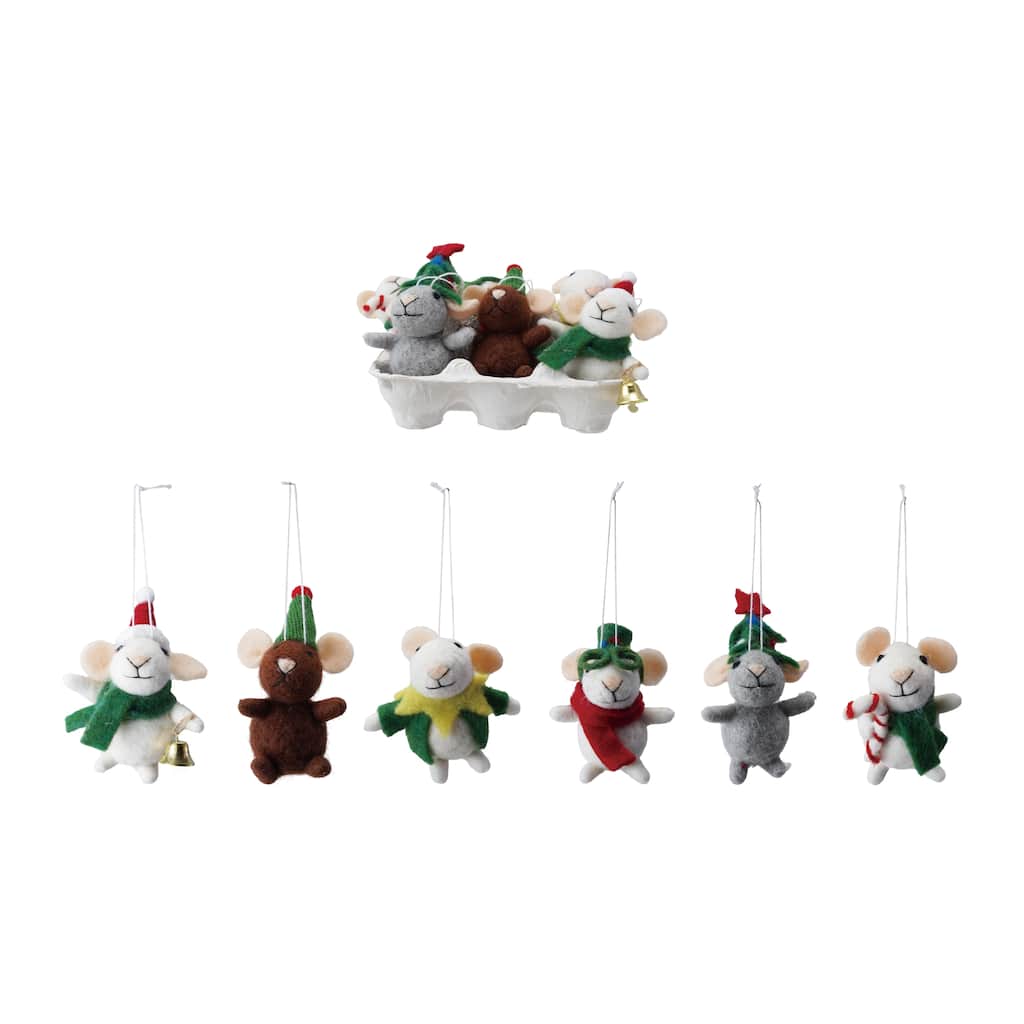 6-Piece Handmade Wool Felt Mice in Holiday Clothes Ornaments in Egg Crate - 6.25"L x 4.75"W x 5.13"H