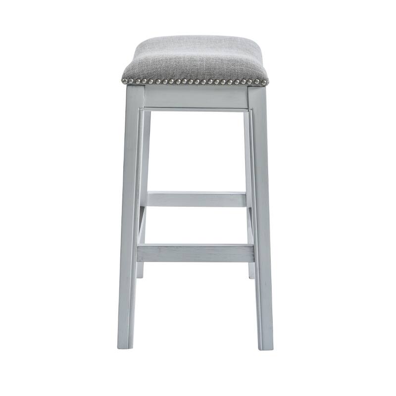 Linen Saddle Seat Bar Stool with Nail Head Trim and Footrest
