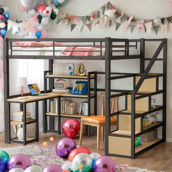 slide 2 of 14, Modern Style Full Size Metal Loft bed with Staircase, Built-in Desk and 4-tier Shelves, Ample Storage Space, Sturdy Frame, Black Black