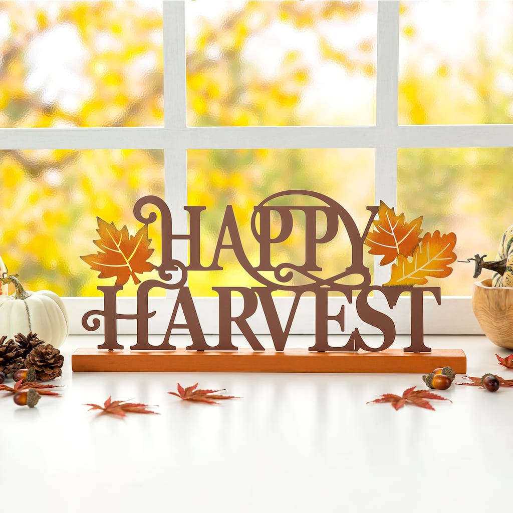 Glitzhome 18"L Wood & Metal Happy Harvest Table Decor Word Sign