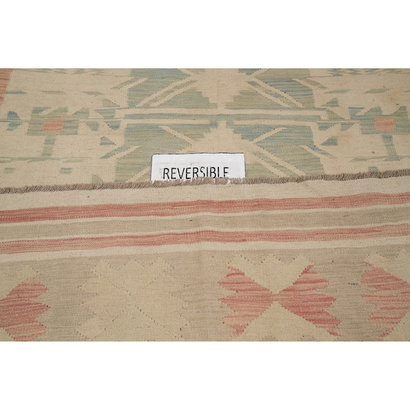 Hand Woven Oriental 100% Wool Carpet Southwestern Tribal Beige & Ivories Kilim Area Rug - 9' 9'' X 6' 8''