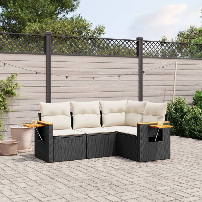 vidaXL Patio Sofa Set with Cushions Outdoor Conversation Furniture Poly Rattan - 24.4 x 33.5 x 27.2 in - Black and cream without table