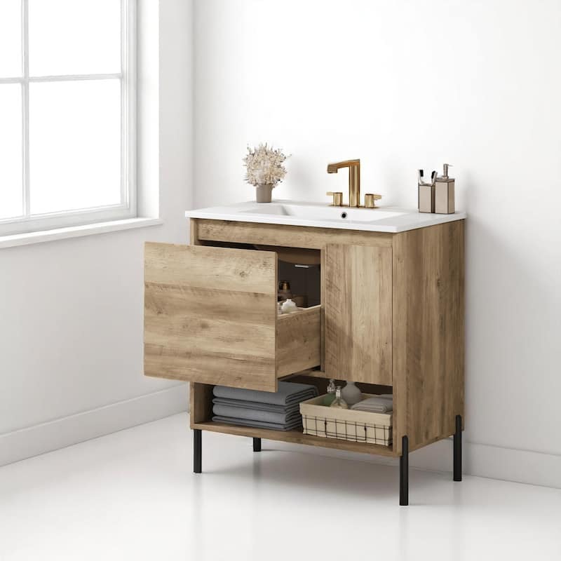 Modern 30 Inch Bathroom Vanity with Sink, Pine Wood Frame, Drawer Storage, Open Shelf, and 4" Faucet Compatible Basin