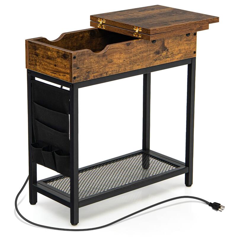 Gymax End Table with Charging Station Industrial Nightstand Flip Top - Brown - MDF