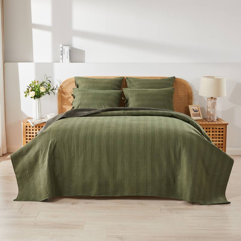 Melange Hand Stitched Kantha Reversible Green Coverlets and Shams