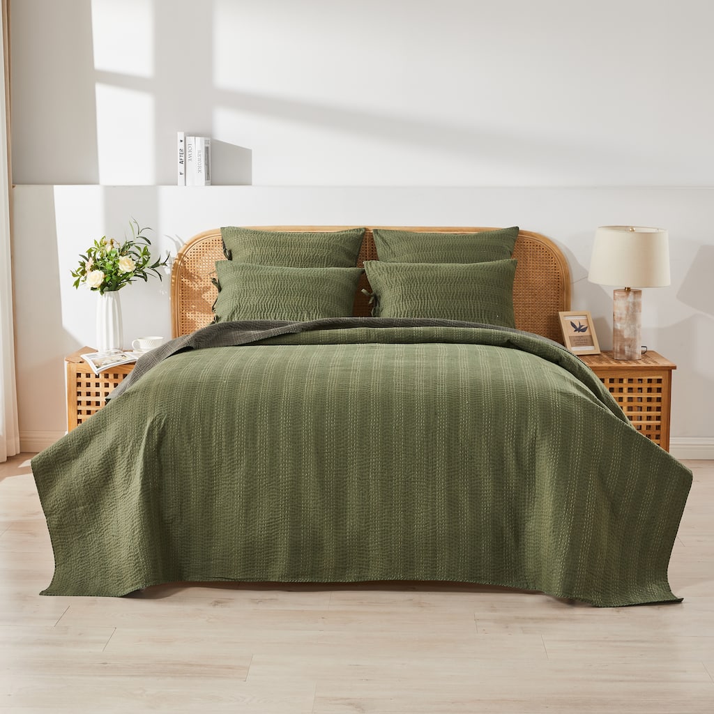 Melange Hand Stitched Kantha Reversible Green Coverlets and Shams