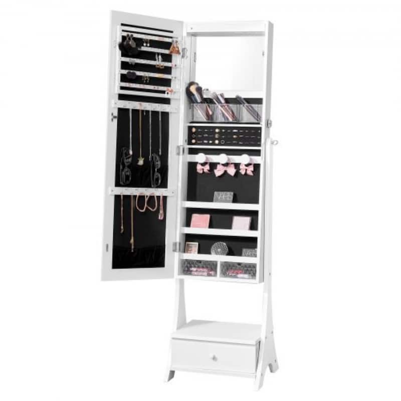 Full-Length Standing Mirror with Lockable Jewelry Cabinet Velvet Lining and Rotating Earring Holder