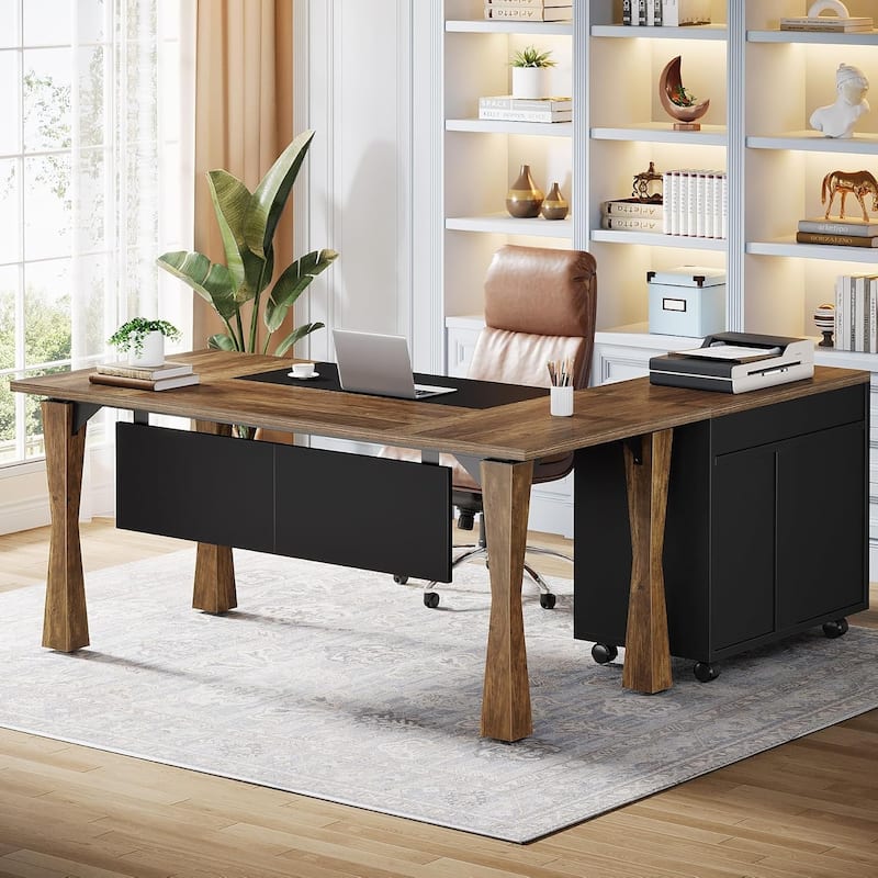 Rustic Wood L Shaped Desk Executive Desk with Drawers