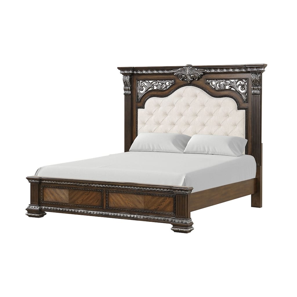 Traditional 1pc Expresso Finish Royal Upholstered Bed