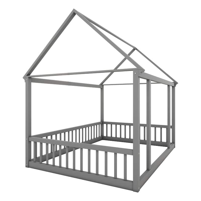 Gray Full Size Pine Wood Floor Bed with House Roof & Guardrails