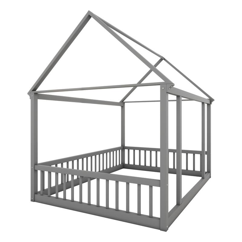 Twin/Full Size Floor Bed with Wooden House Roof Frame and Safety Guardrails for Children's Bedrooms, Small Space