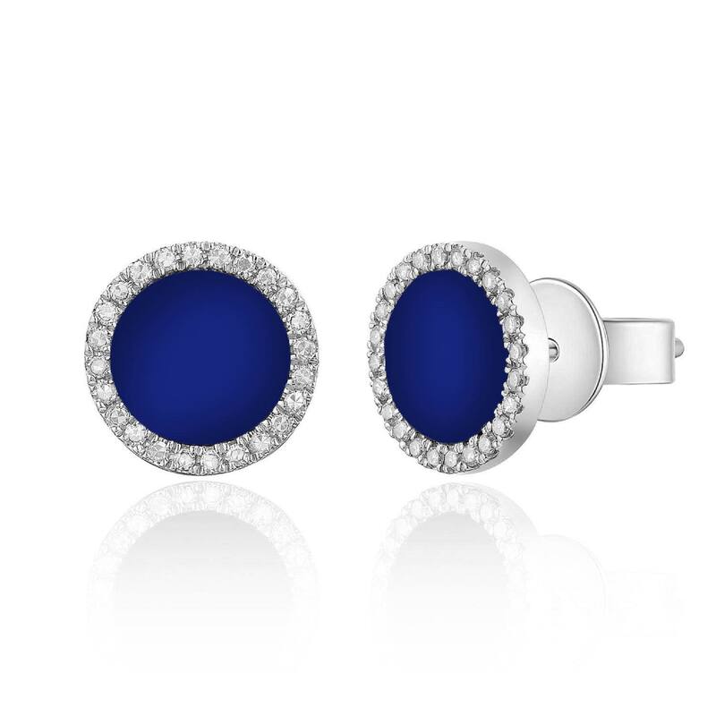 Joelle Collection Lapis and Diamond Pave Disc Circle Stud Earrings 14K Gold - White