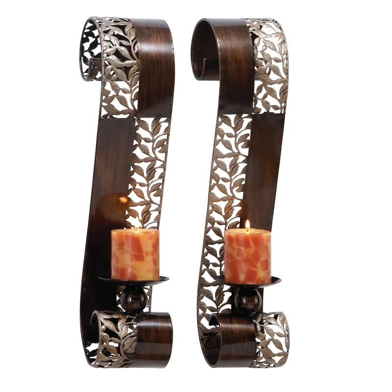 Brown Metal Cutout Leaf Wall Sconce with Scrolled Edges (Set of 2) - S/2 21"H, 4"W