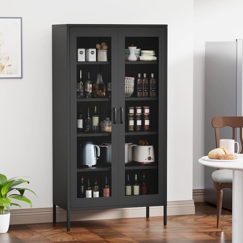 Mesh Door Metal Storage Cabinet with 4 Adjustable Shelves, Ventilated Pantry Cabinet Home Office File Cabinet - Black