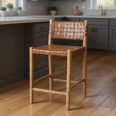 HomeRoots 26" Brown and Natural Leather and Solid Wood Low Back Counter Height Bar Chair