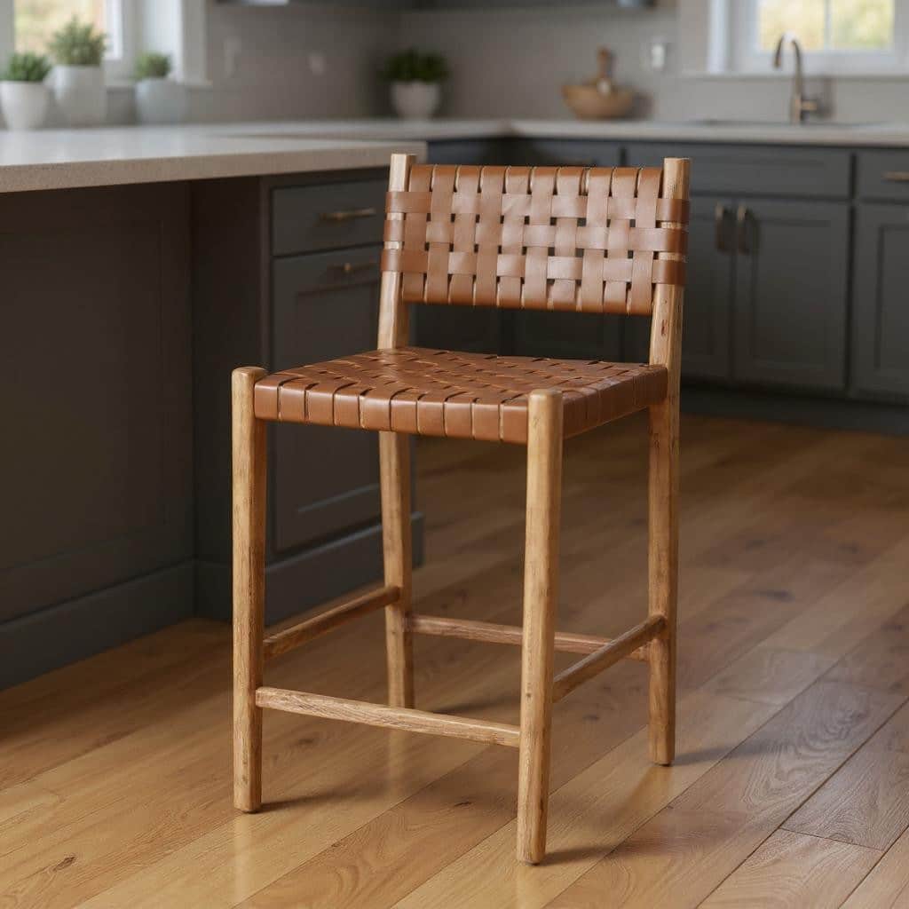 HomeRoots 26" Brown and Natural Leather and Solid Wood Low Back Counter Height Bar Chair