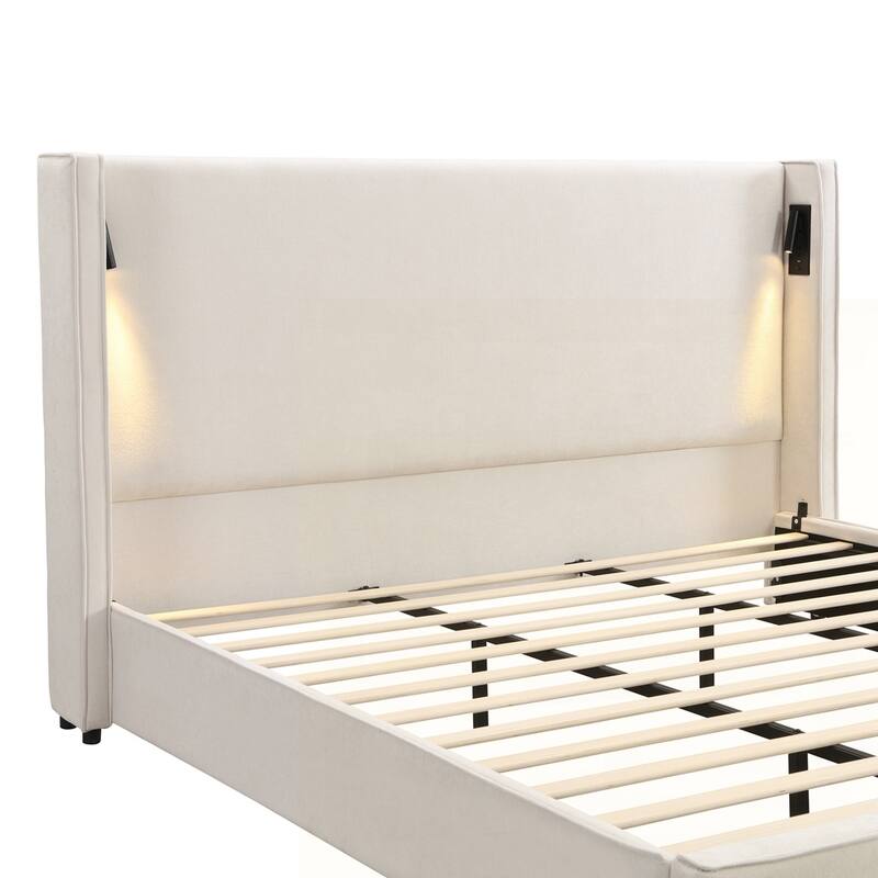 Upholstered Bed Frame with Reading Lamp and USB port