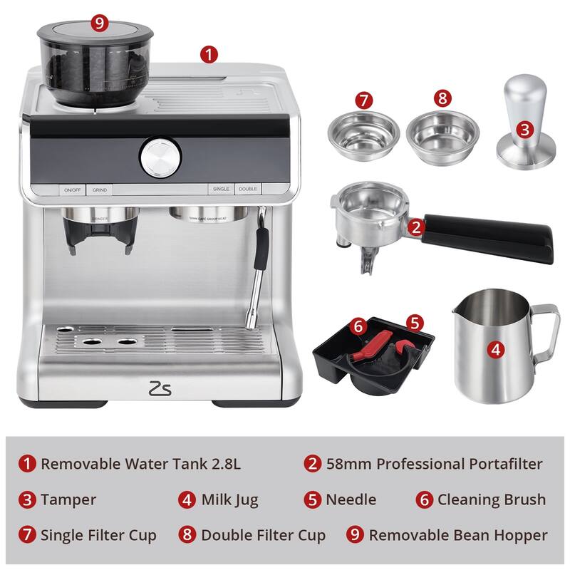 1450W 20 Bar Espresso Machine with Grinder and Milk Frother