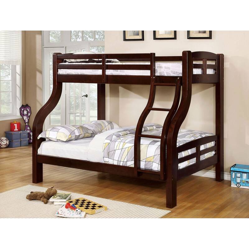 Twin Over Full Bunk Bed, Espresso Finish, Attached Curved Ladder, Sturdy Design - Espresso