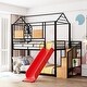 preview thumbnail 3 of 9, House-shaped Metal Bunk Bed wHouse Roof Frame, Twin Over Twin Bed, Storage Stair, Red Slide for Children Playhouse Bed, Black