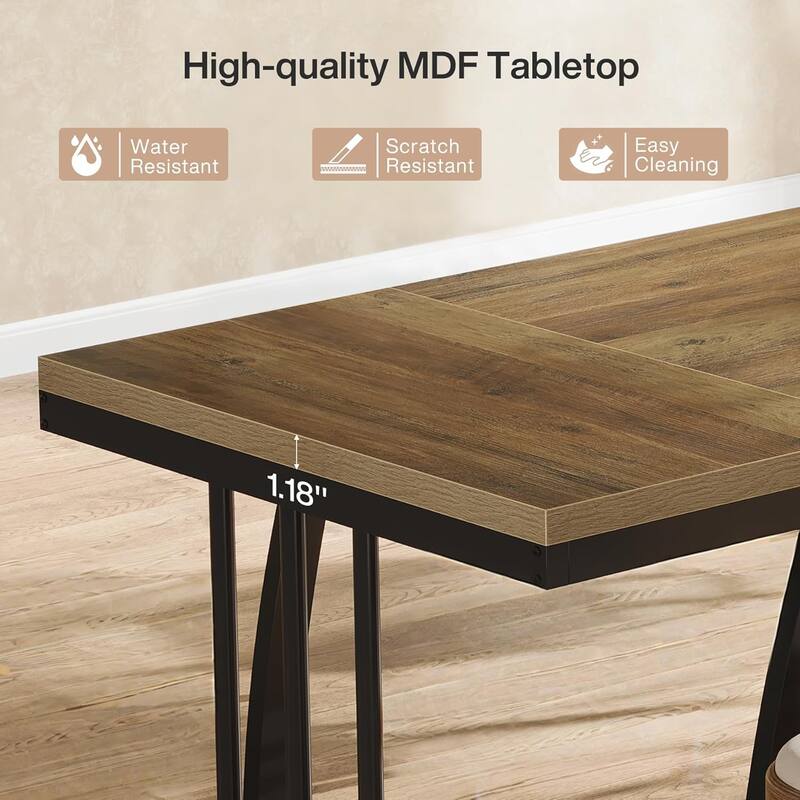 63" Farmhouse Dining Room Table, Rectangular Kitchen Table with Sturdy Metal Frame