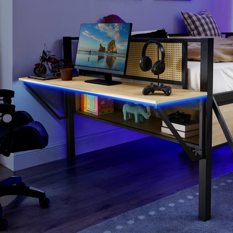 Metal Loft Bed with Desk, LED Lights & Storage