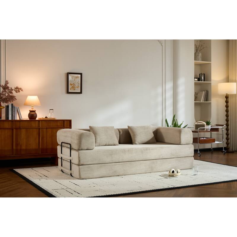 Convertible Sleeper Sofa Bed with Pillow, Corduroy Folding Mattress Couch with Fixed-Shape Frame, Floor Lounge Loveseat Sofa