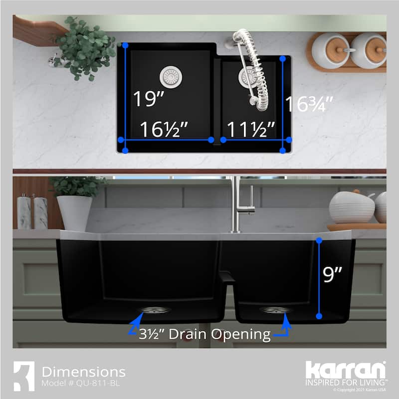 Karran 32" Undermount Large/Small Bowl Quartz Kitchen Sink Kit - 32" x 21.25" x 9"