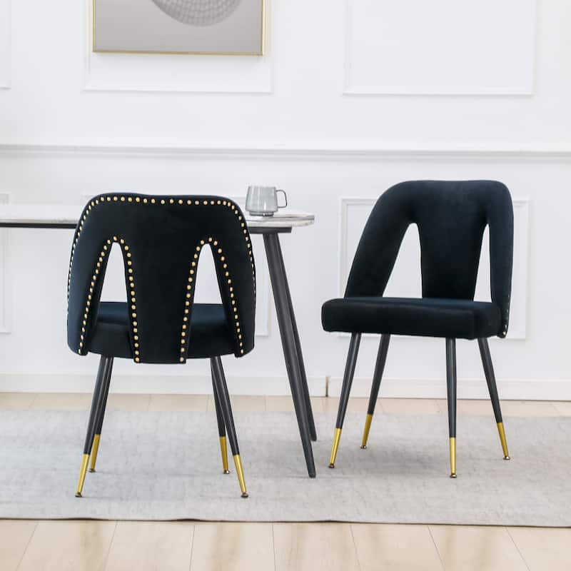 Set of 2 Modern & Contemporary Upholstered Dining Chairs with Nailheads and Metal Legs - Black