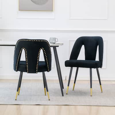 Set of 2 Modern Velvet Upholstered Dining Chair with Nailheads and Gold Tipped Black Metal Legs