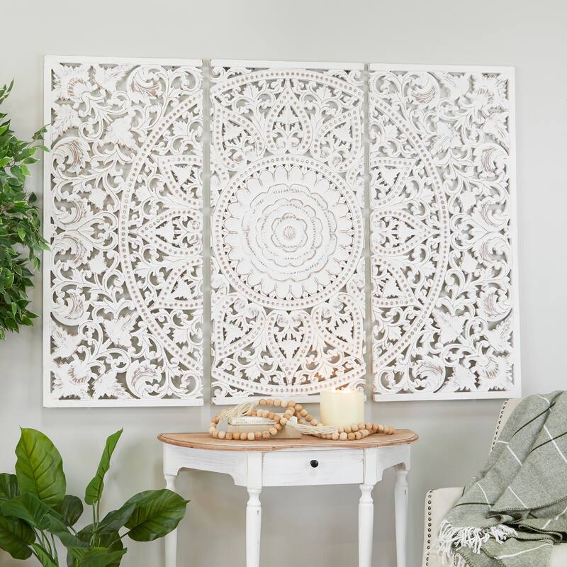 Wooden Handmade Intricately Carved Floral Wall Decor with Mandala Design (Set of 3) - Brown or White