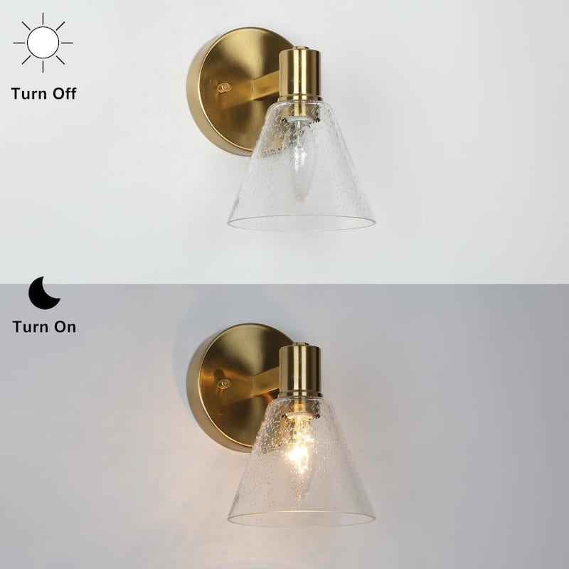 Veniya Glam Gold LED Bathroom Single Cone Wall Sconce Electroplate Brass 1-light with Clear Seeded Glass - L 5" x W 6.5" x H 7"