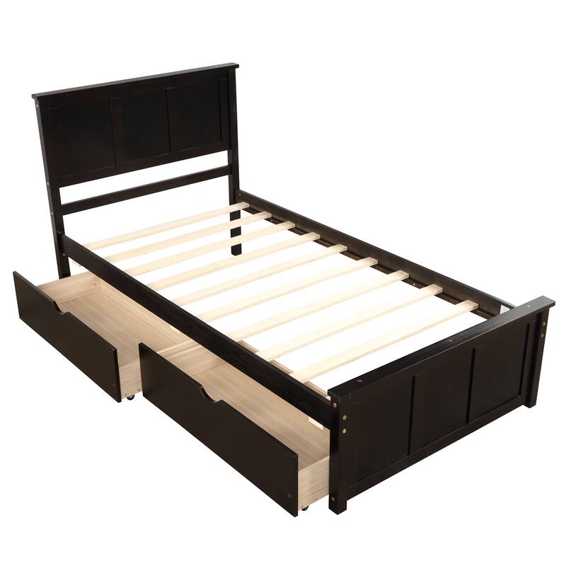 Gray Twin Platform Bed with 2 Rolling Storage Drawers