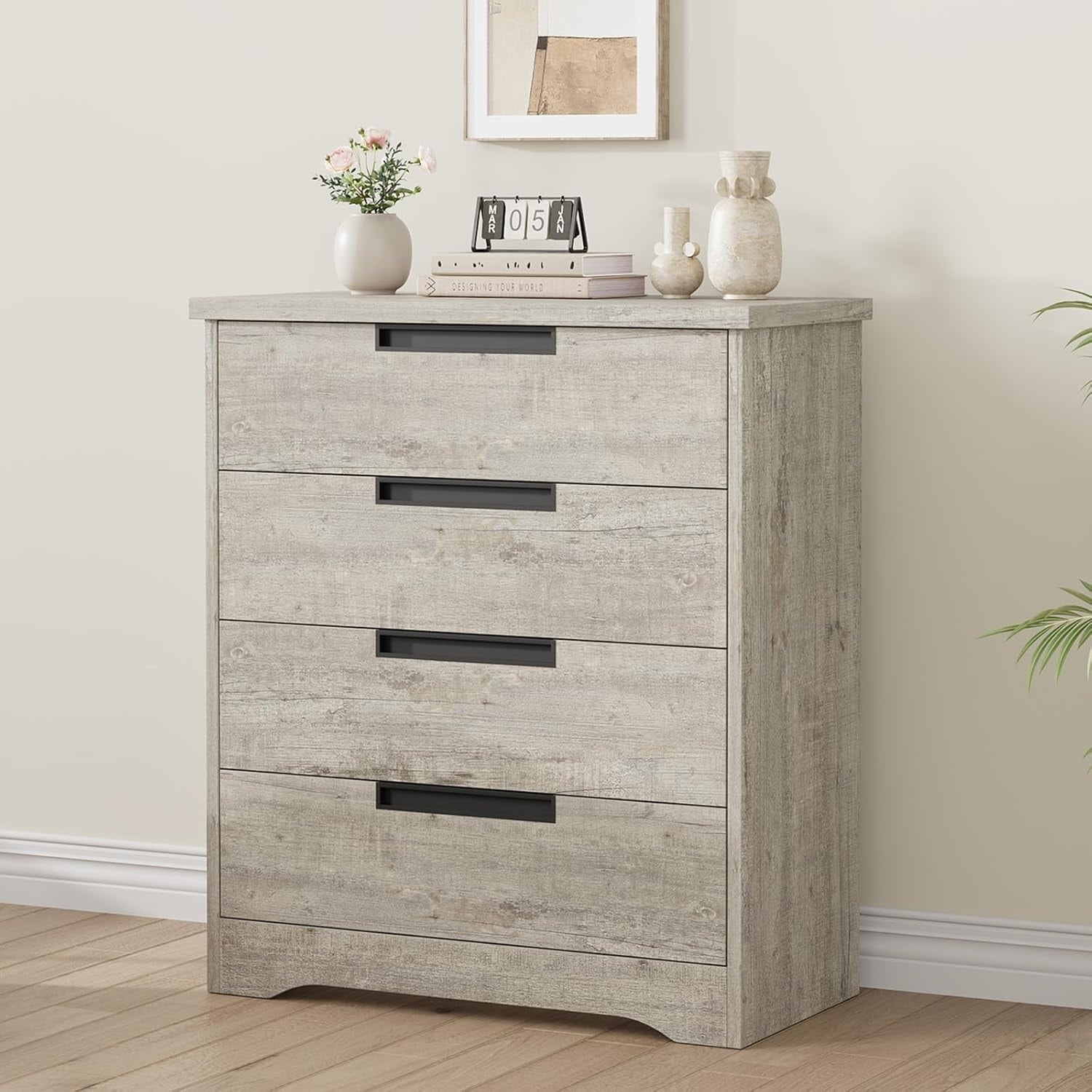 4 Drawer Dresser for Bedroom, Gray Wooden Chest of Drawers with Embedded Handles, Storage Organizer for Living Room